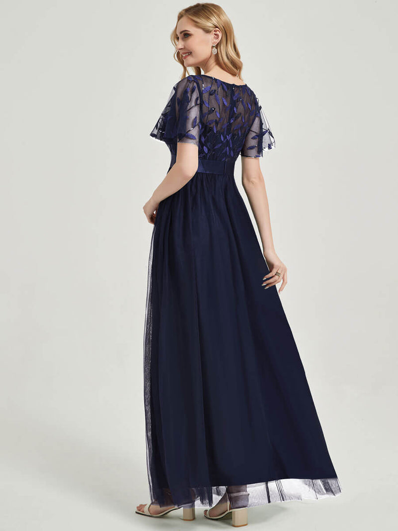 Navy Blue Sheer Sleeve A-Line Maxi Sequin Formal Dress For Brides