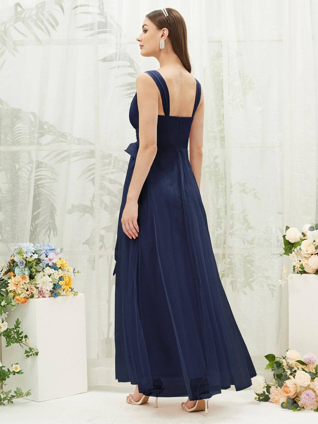 NZ Bridal Navy Blue V Neck Flowy Tulle Maxi bridesmaid dresses 07303ep Yedda a