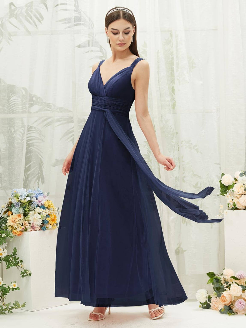 NZ Bridal Navy Blue V Neck Flowy Tulle Maxi bridesmaid dresses 07303ep Yedda c