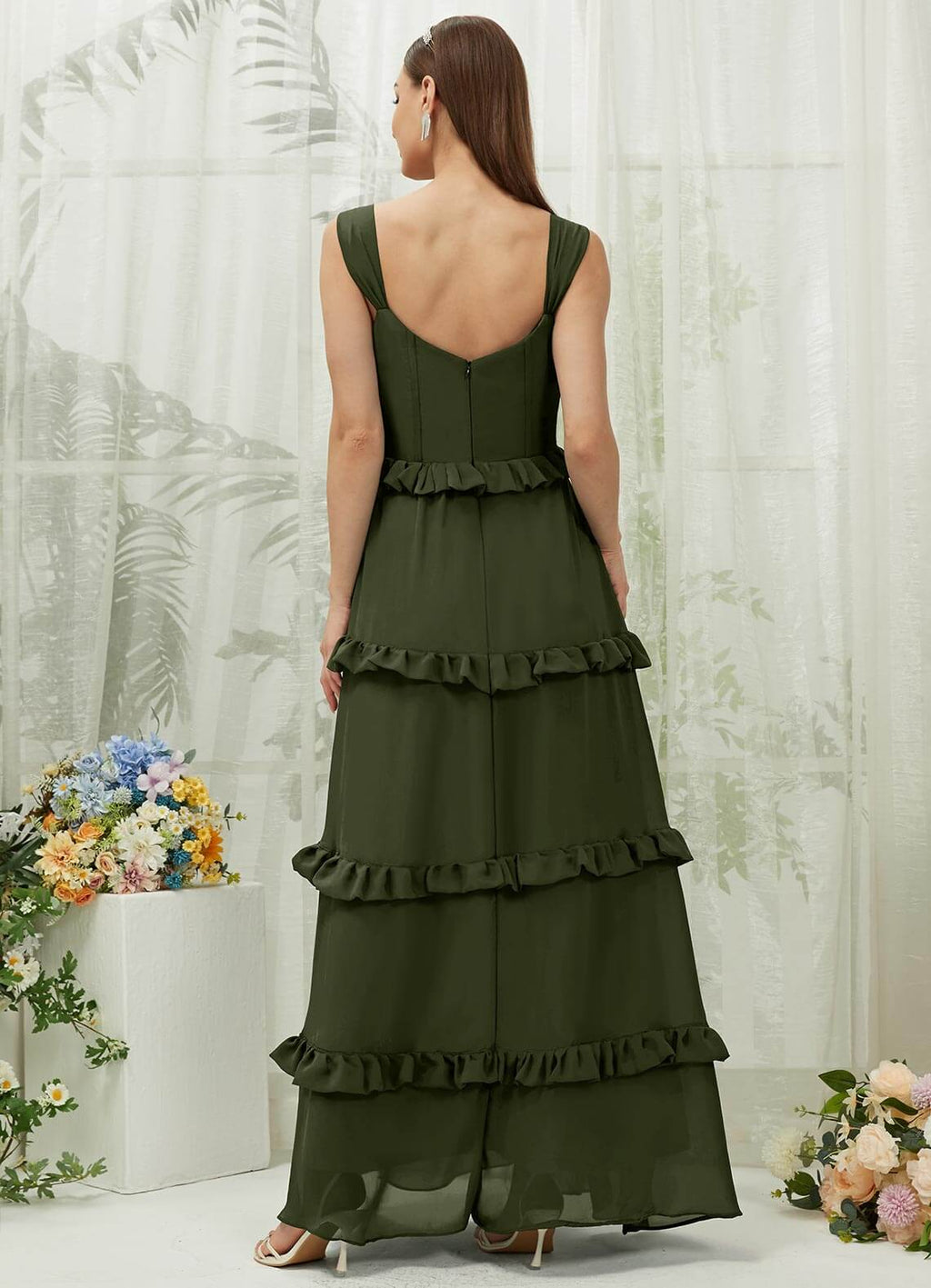 NZ Bridal Olive Chiffon Sweetheart Straps Tiered Maxi Bridesmaid Dress R3701 Sloane a