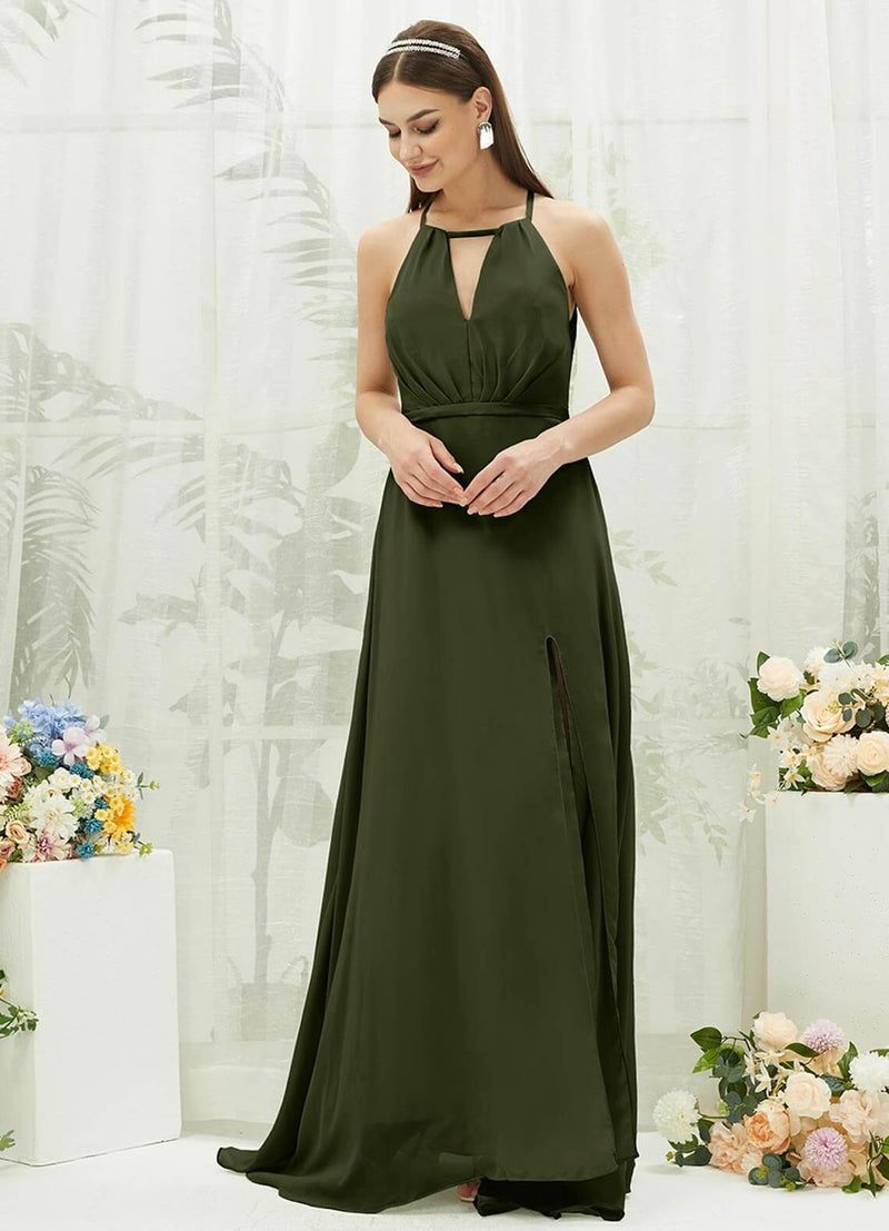 NZ Bridal Olive Halter V Neck Slit Chiffon Bridesmaid Dress AZ31001 Evalleen c