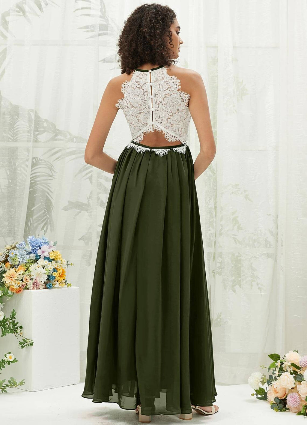 NZ Bridal Olive Lace Halter Neck Chiffon Flowy Maxi Bridesmaid Dress TC0426 Heidi a