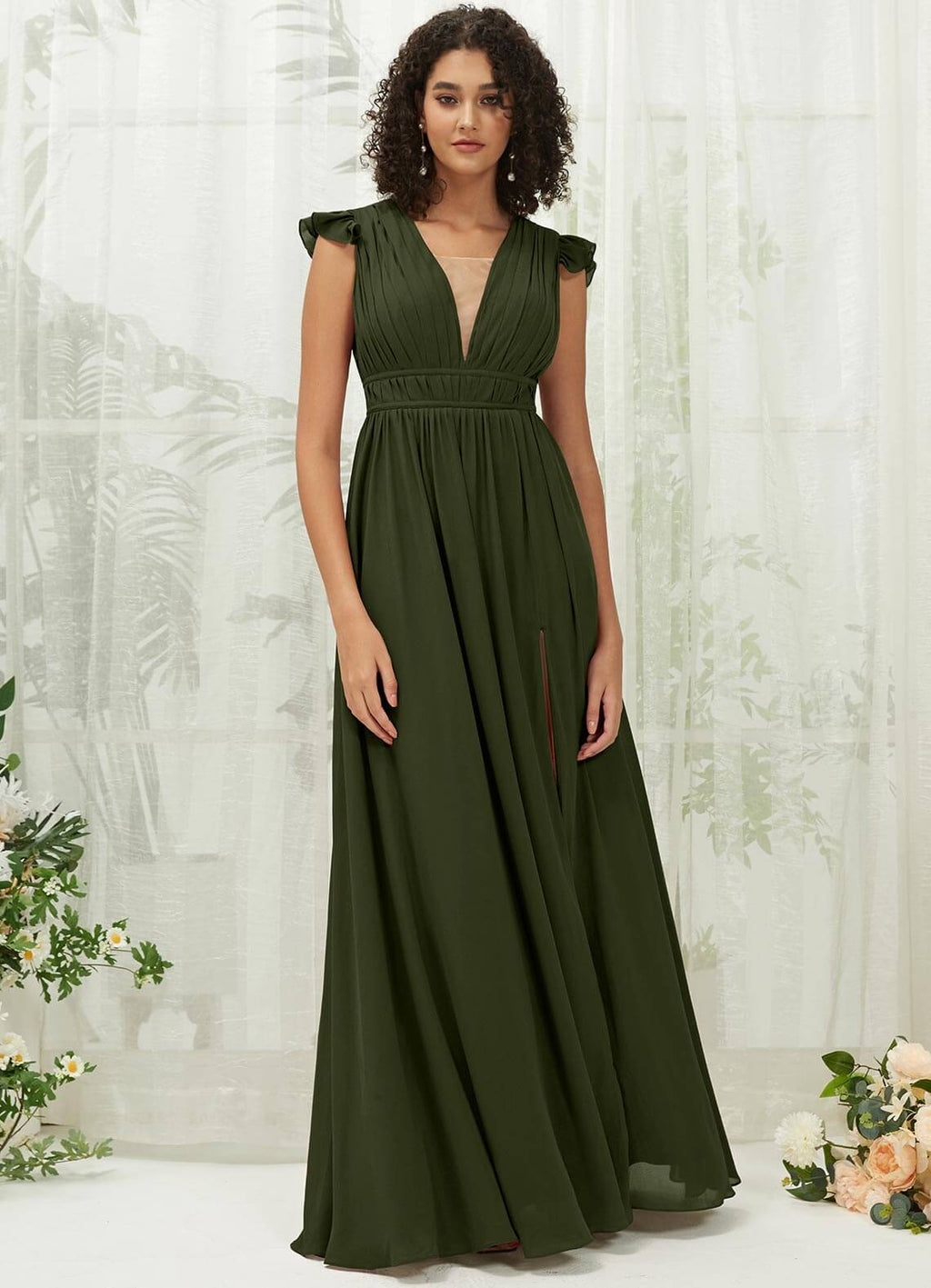 NZ Bridal Olive Pleated V Neck Chiffon Maxi Bridesmaid Dress R0410 Collins a