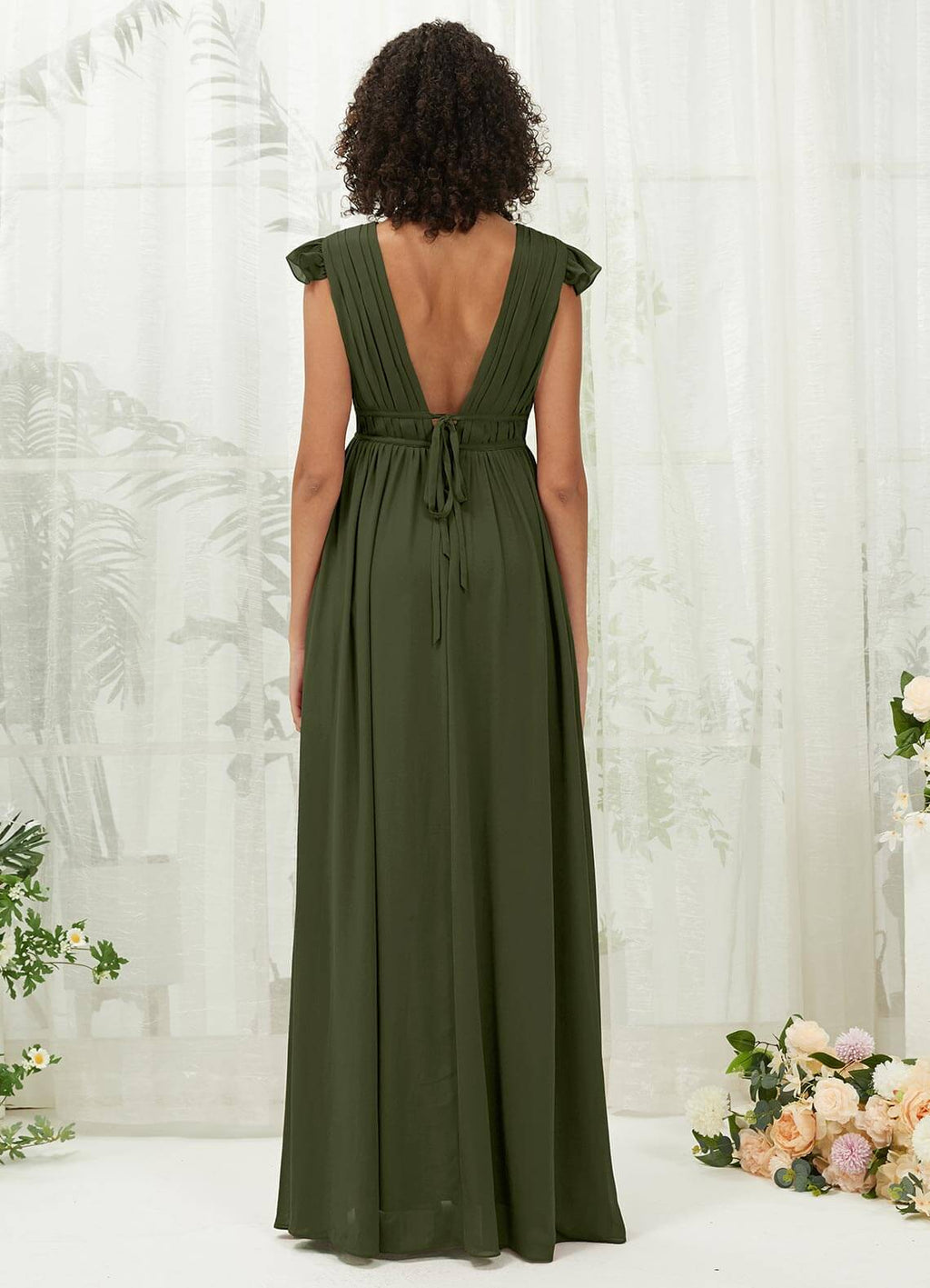 NZ Bridal Olive Pleated V Neck Chiffon Maxi Bridesmaid Dress R0410 Collins a