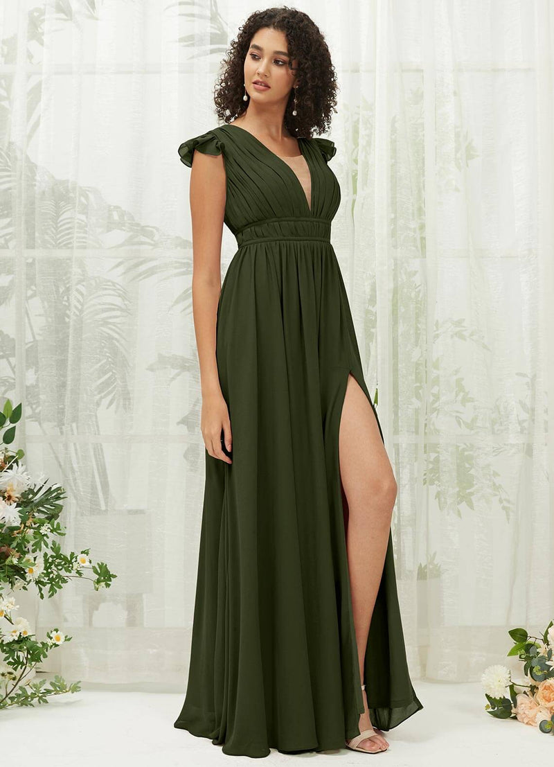 NZ Bridal Olive Pleated V Neck Chiffon Maxi Bridesmaid Dress R0410 Collins c