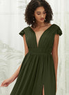 NZ Bridal Olive Pleated V Neck Chiffon Maxi Bridesmaid Dress R0410 Collins detail1