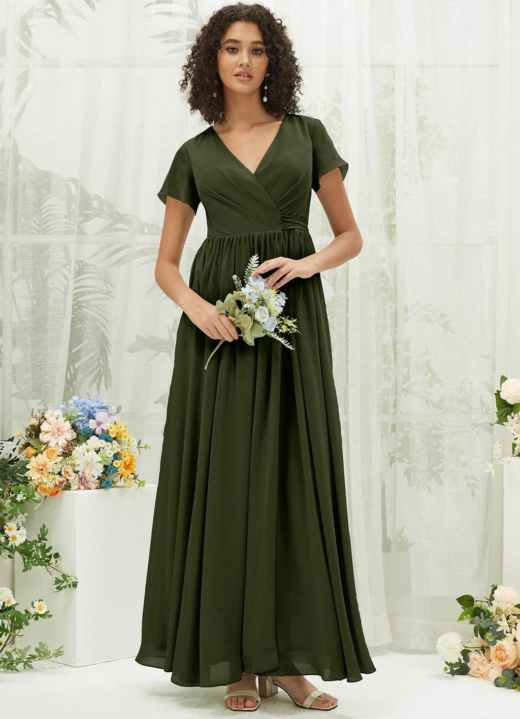 NZ Bridal Olive Short Sleeve Chiffon Maxi Bridesmaid Dress R0107 Harow a