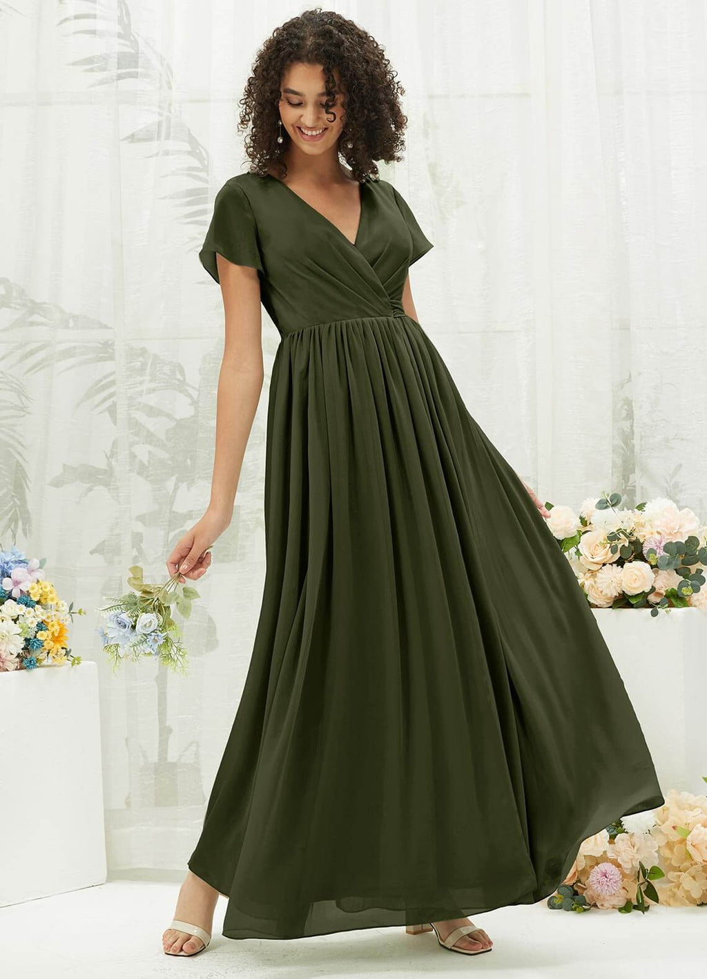 NZ Bridal Olive Short Sleeve Chiffon Maxi Bridesmaid Dress R0107 Harow a