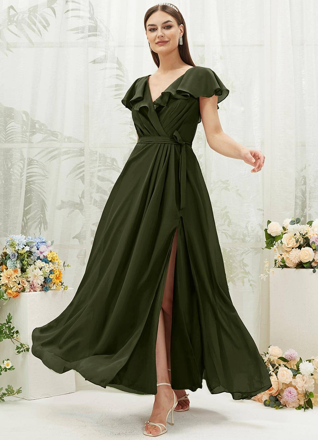 NZ Bridal Olive V Neck Wrap Chiffon Floor Length Bridesmaid Dress AZ31002 Jael a