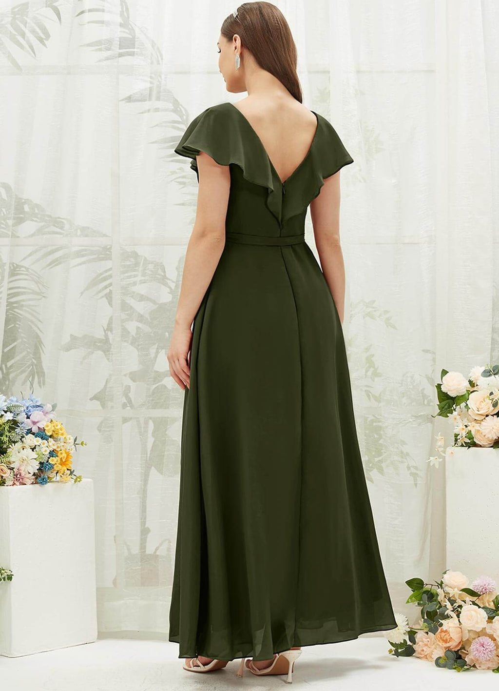 NZ Bridal Olive V Neck Wrap Chiffon Floor Length Bridesmaid Dress AZ31002 Jael a