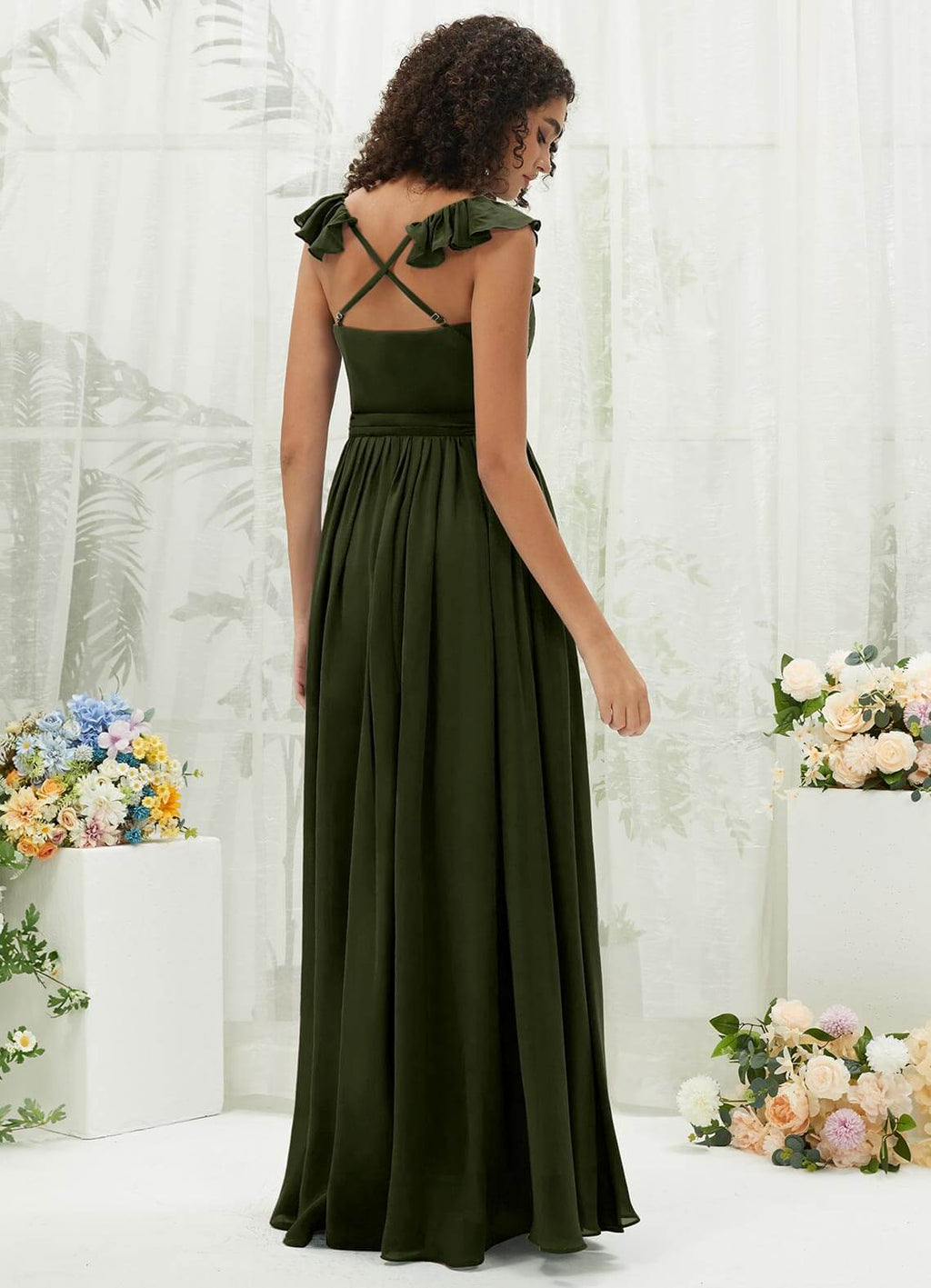 NZ Bridal Olive V Neck Wrap Chiffon Flowy Maxi Bridesmaid Dress R3702 Valerie a