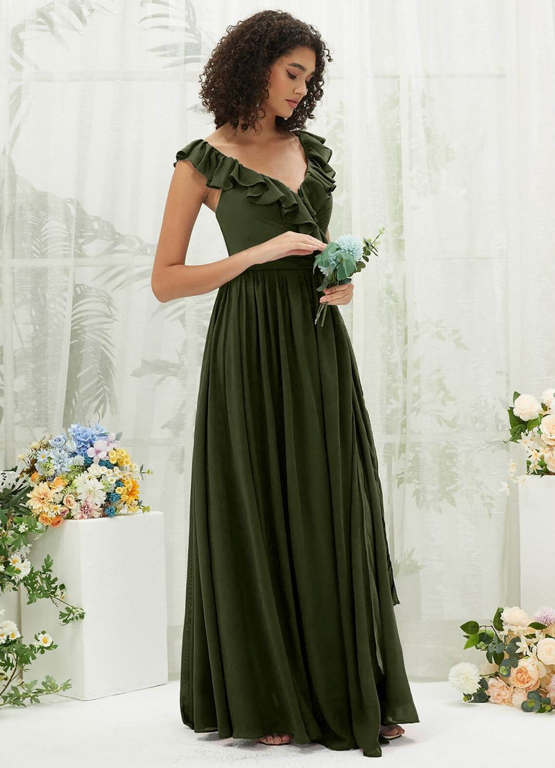 NZ Bridal Olive V Neck Wrap Chiffon Flowy Maxi Bridesmaid Dress R3702 Valerie c