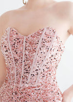 NZ Bridal Pink Gold Strapless Sweetheart Maxi Sequin Prom Dress 31155 Victoria detail2