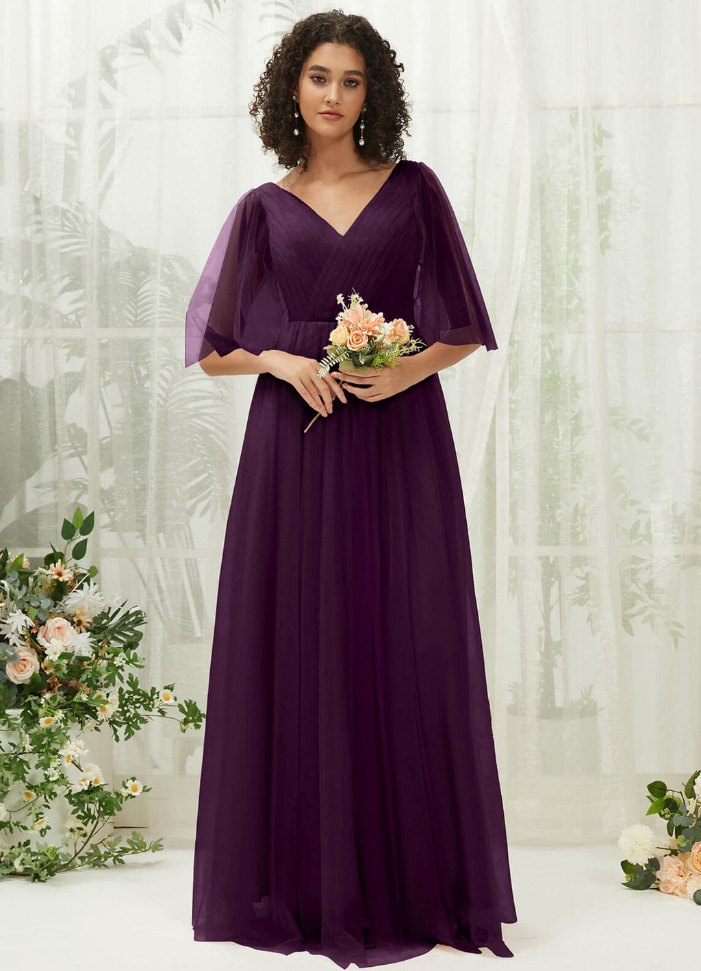 NZ Bridal Plum V Neck Tulle Floor Length bridesmaid dresses R1026 Thea a