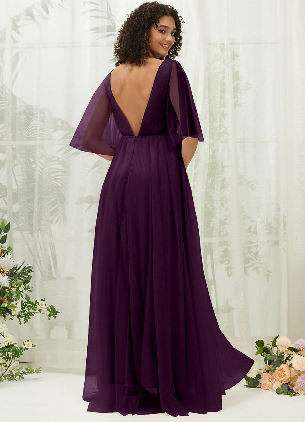 NZ Bridal Plum V Neck Tulle Floor Length bridesmaid dresses R1026 Thea a