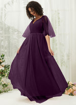 NZ Bridal Plum V Neck Tulle Floor Length bridesmaid dresses R1026 Thea c