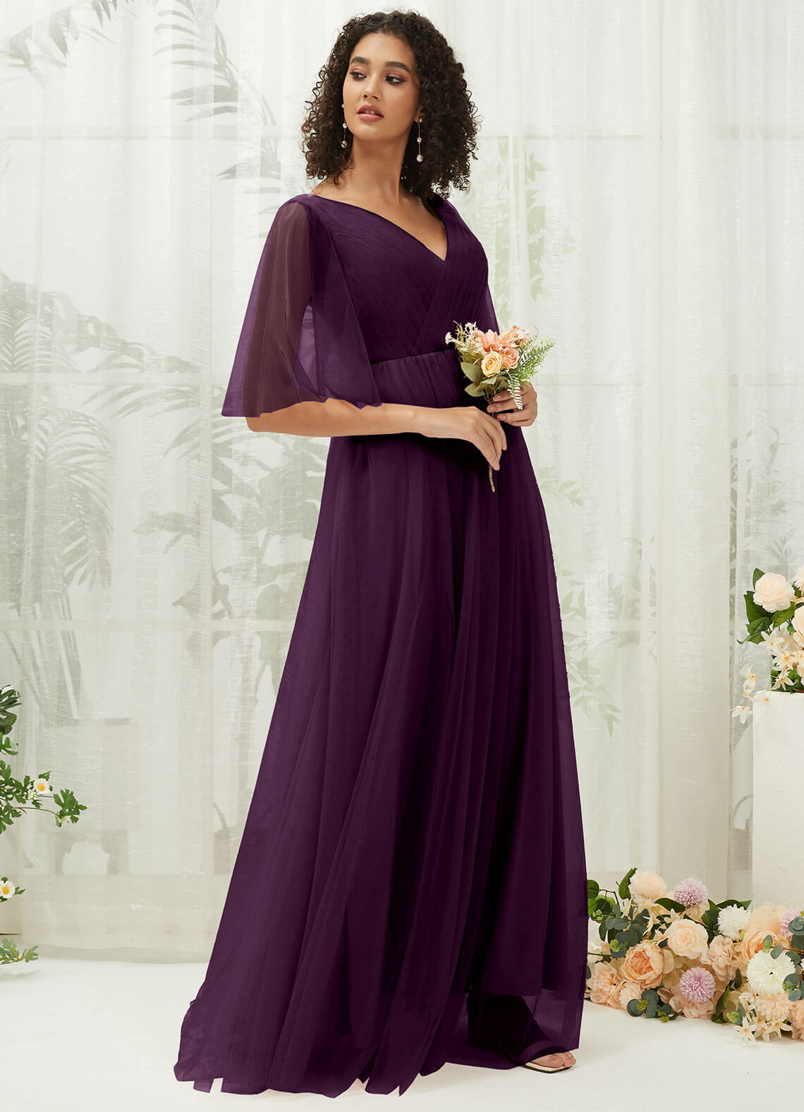 Plum Ruffle Sleeves Tulle Maxi Bridesmaid Dresses With Pocket – NZ Bridal