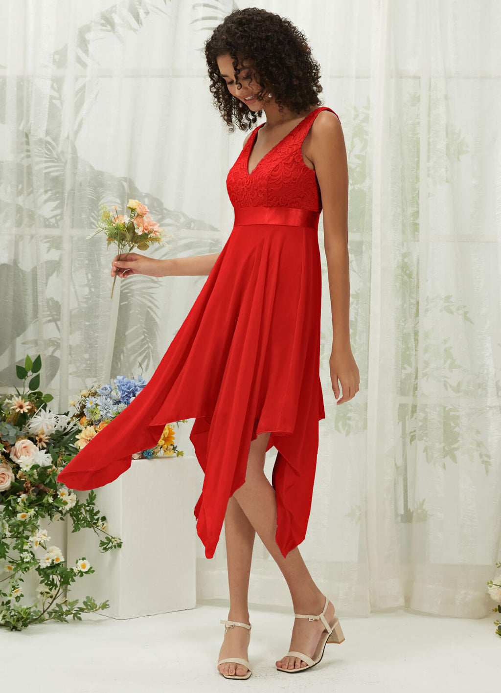 NZ Bridal Red Chiffon Lace Tea Length bridesmaid dresses 00207ep Evie a