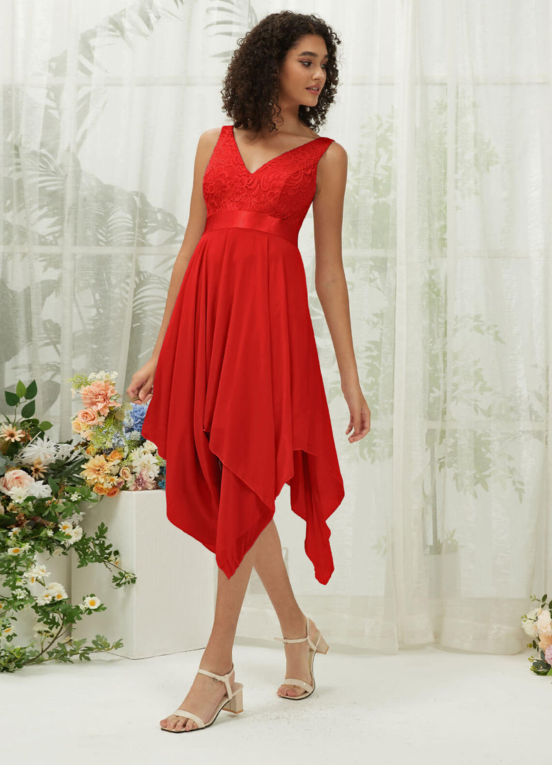 NZ Bridal Red Chiffon Lace Tea Length bridesmaid dresses 00207ep Evie c