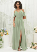 NZ Bridal Sage Green Chiffon Flowy Floor Length Bridesmaid Dress with Slit AM31003 Fiena a