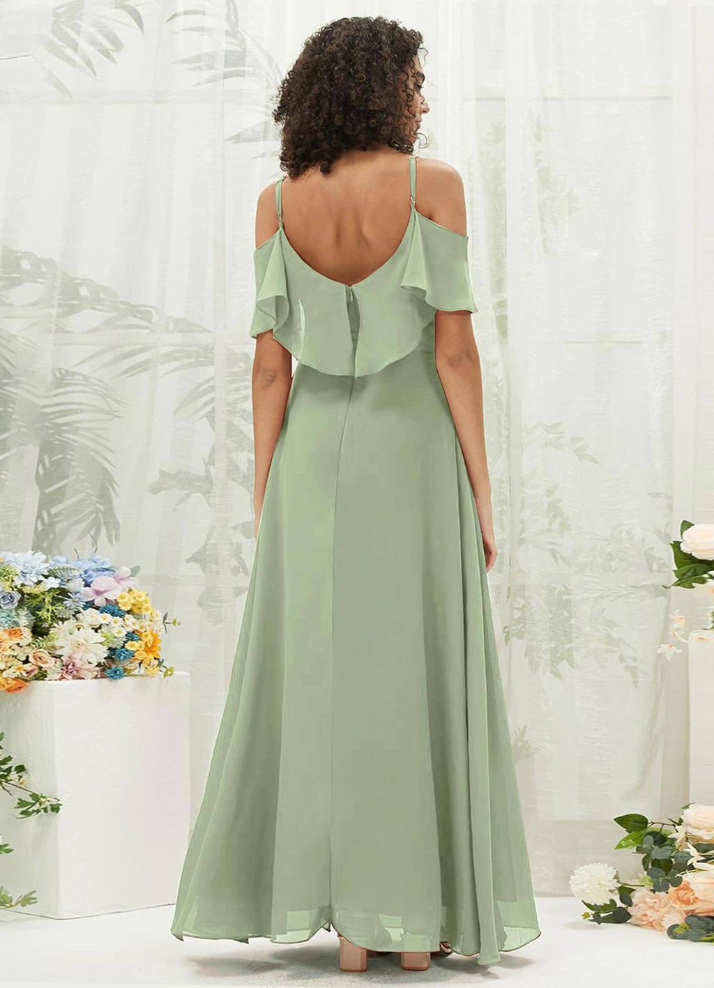 NZ Bridal Sage Green Chiffon Flowy Floor Length Bridesmaid Dress with Slit AM31003 Fiena a