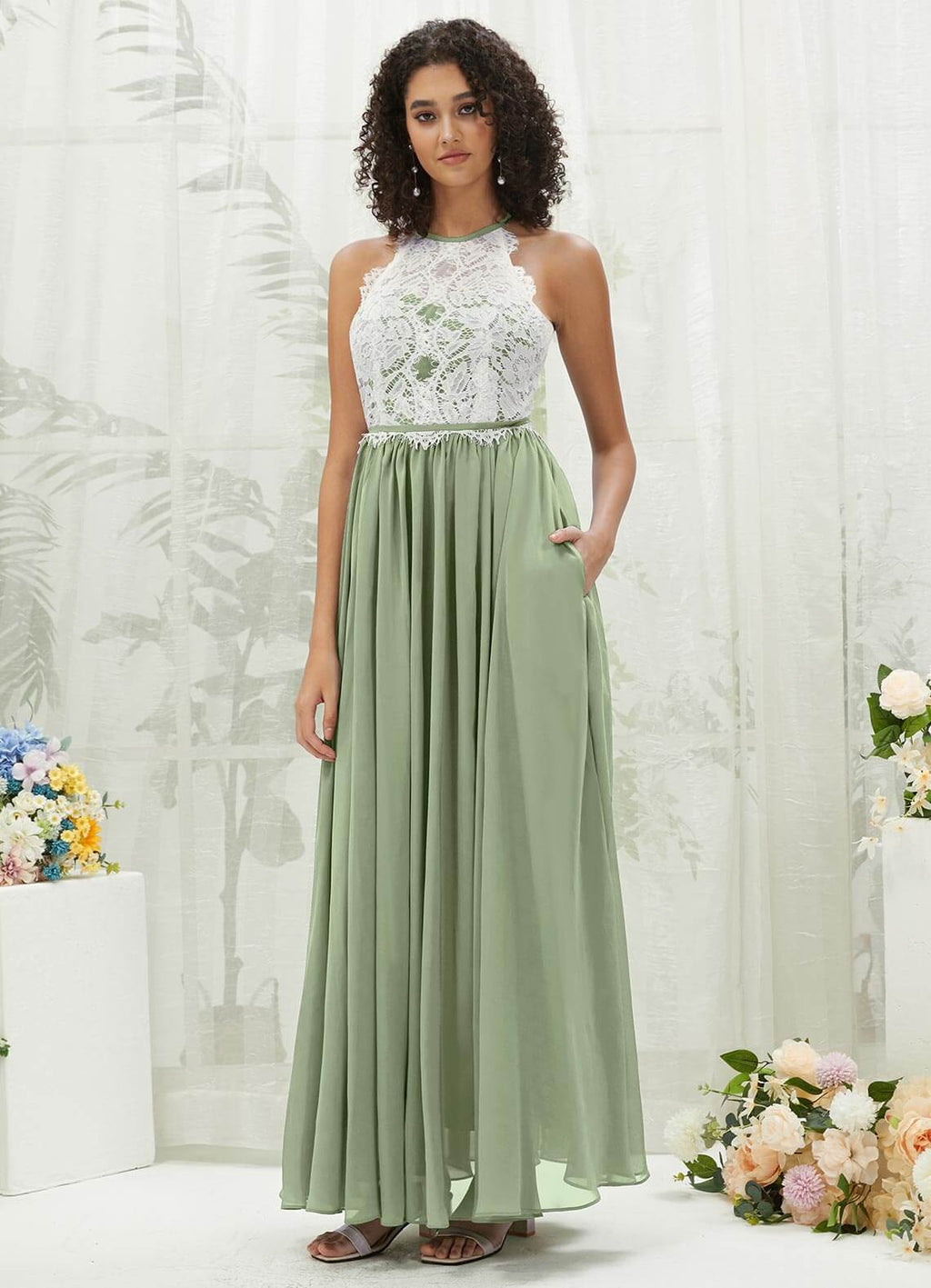 NZ Bridal Sage Green Halter Neck Chiffon Maxi Bridesmaid Dress TC0426 Heidi a