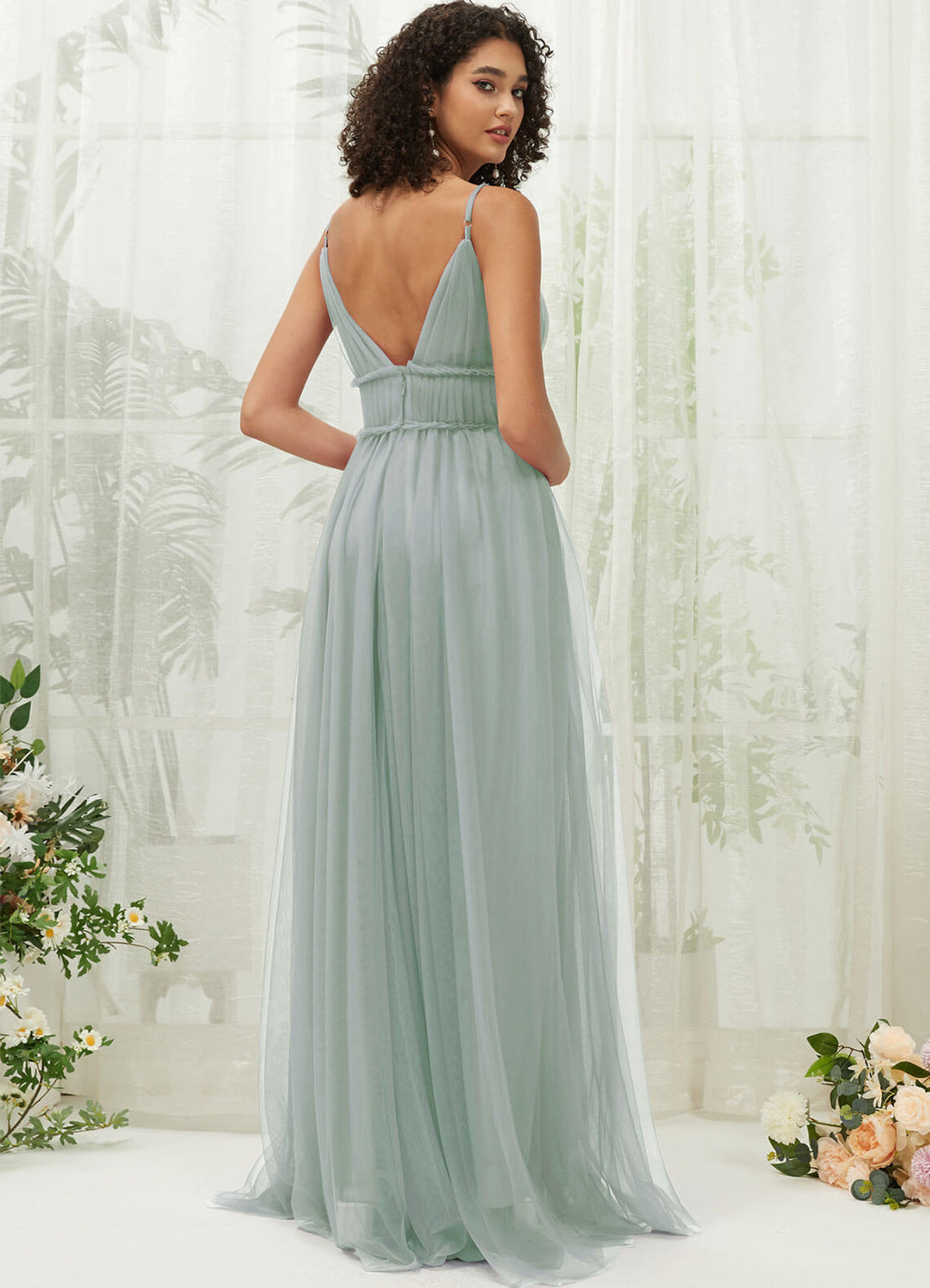 NZ Bridal Sage Green Pleated Tulle Maxi Backless bridesmaid dresses R1029 Alma a