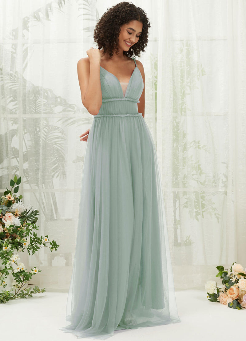 NZ Bridal Sage Green Pleated Tulle Maxi Backless bridesmaid dresses R1029 Alma c