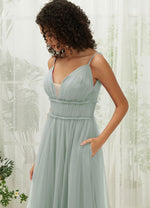 NZ Bridal Sage Green Pleated Tulle Maxi Backless bridesmaid dresses R1029 Alma d