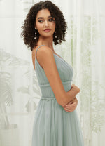 NZ Bridal Sage Green Pleated Tulle Maxi Backless bridesmaid dresses R1029 Alma detail1