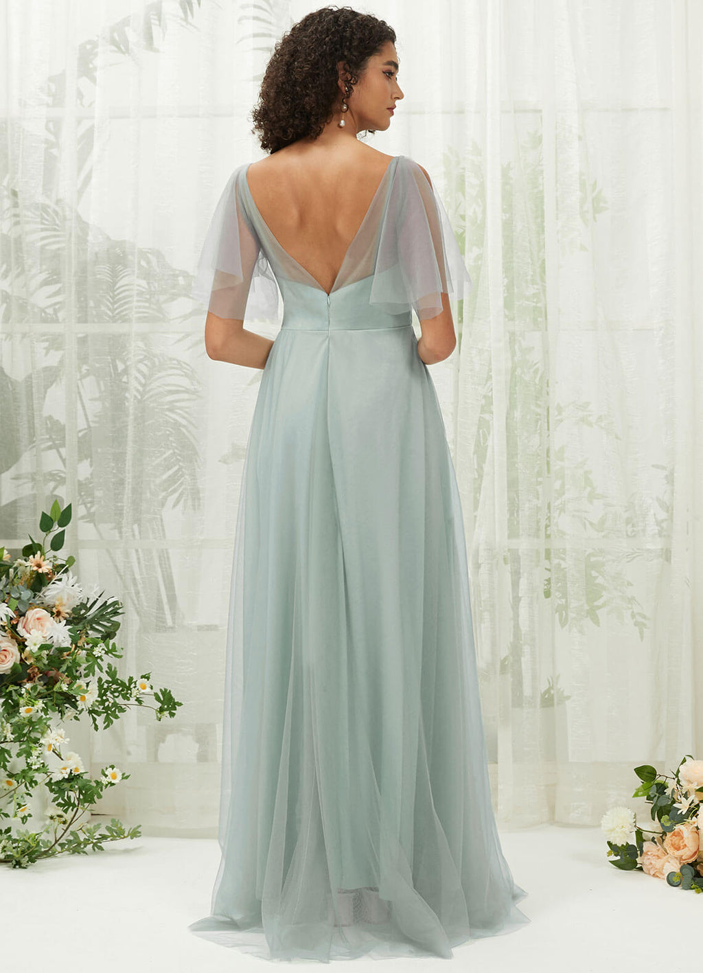 NZ Bridal Sage Green Ruffle Sleeve Tulle Maxi Backless bridesmaid dresses R1027 Dallas a