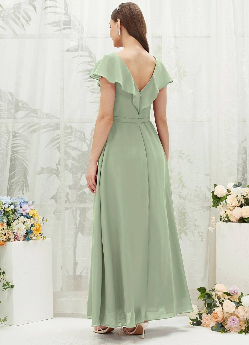 NZ Bridal Sage Green Ruffle Wrap Chiffon Floor Length Bridesmaid Dress with Slit AZ31002 Jael a