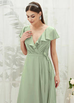 NZ Bridal Sage Green Ruffle Wrap Chiffon Floor Length Bridesmaid Dress with Slit AZ31002 Jael c