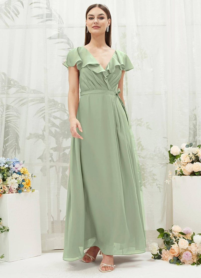 NZ Bridal Sage Green Ruffle Wrap Chiffon Floor Length Bridesmaid Dress with Slit AZ31002 Jael d