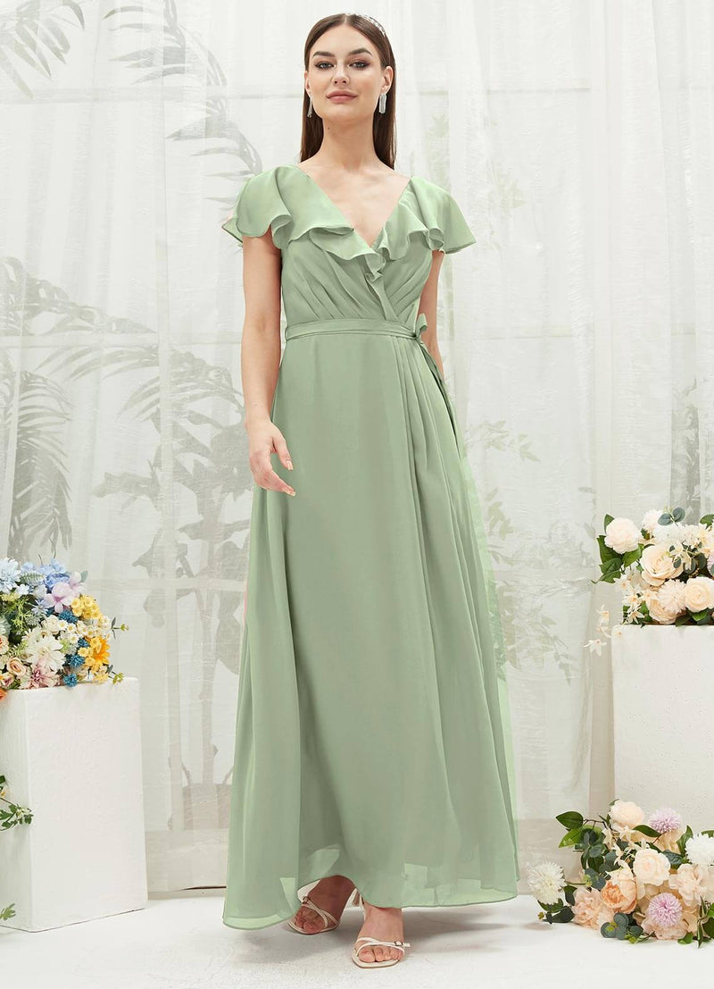 Sage Green Chiffon Ruffle Sleeve V-Neck Slit Maxi Bridesmaid Dress NZ Bridal Sage Green Chiffon Ruffle Sleeve V-Neck Slit Maxi Bridesmaid Dress NZ Bridal