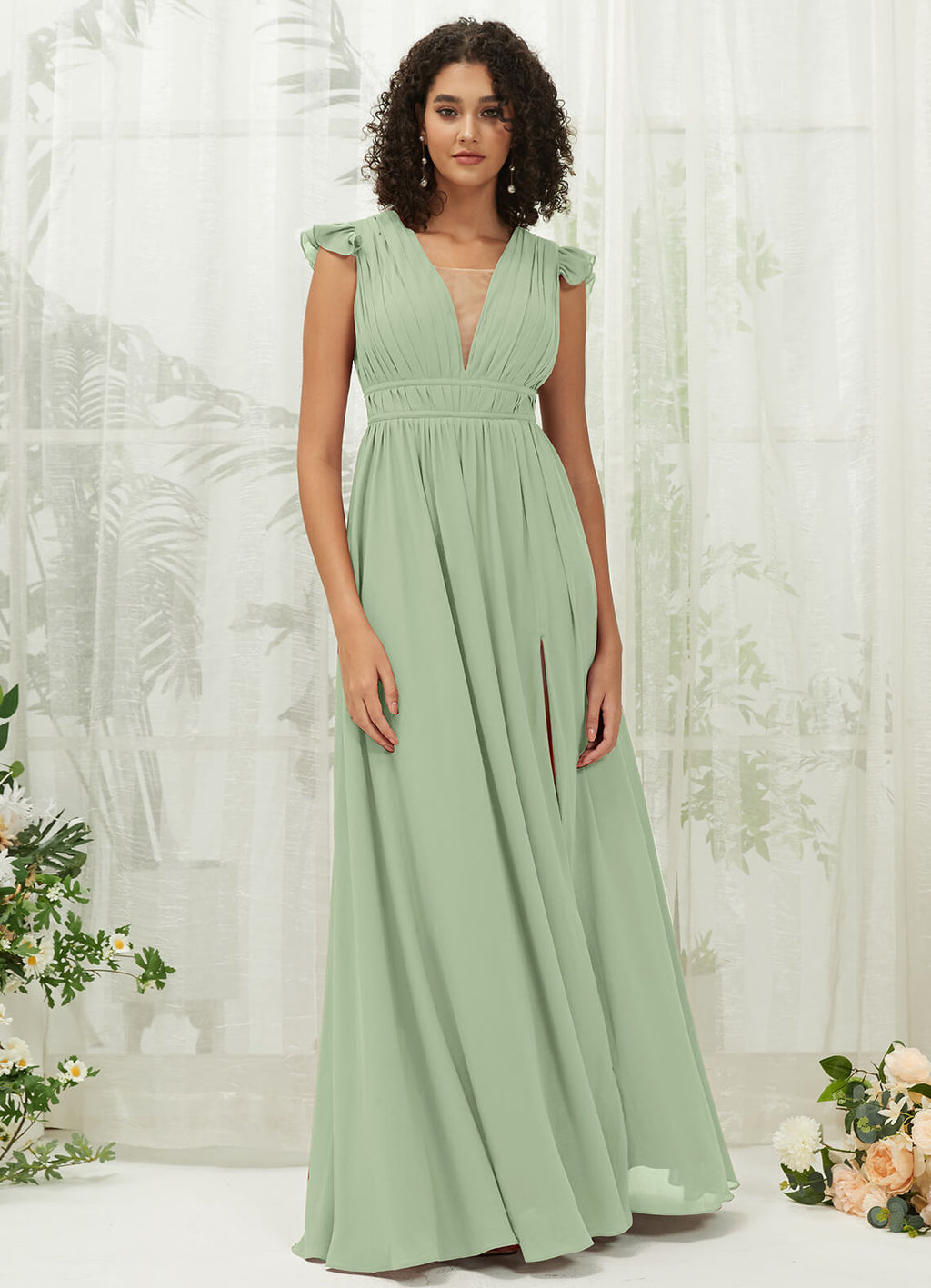 NZ Bridal Sage Green Sheer V Neck Chiffon Flowy Maxi Bridesmaid Dress R0410 Collins a
