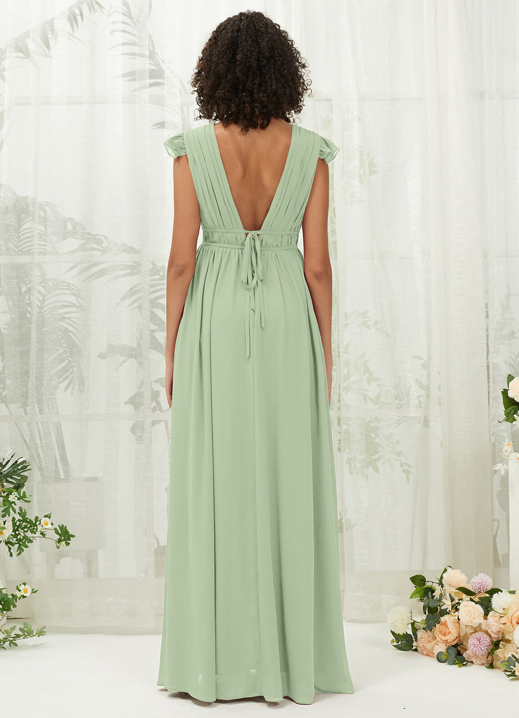 NZ Bridal Sage Green Sheer V Neck Chiffon Flowy Maxi Bridesmaid Dress R0410 Collins a