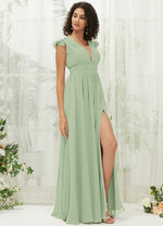 NZ Bridal Sage Green Sheer V Neck Chiffon Flowy Maxi Bridesmaid Dress R0410 Collins c