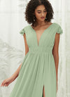 NZ Bridal Sage Green Sheer V Neck Chiffon Flowy Maxi Bridesmaid Dress R0410 Collins d