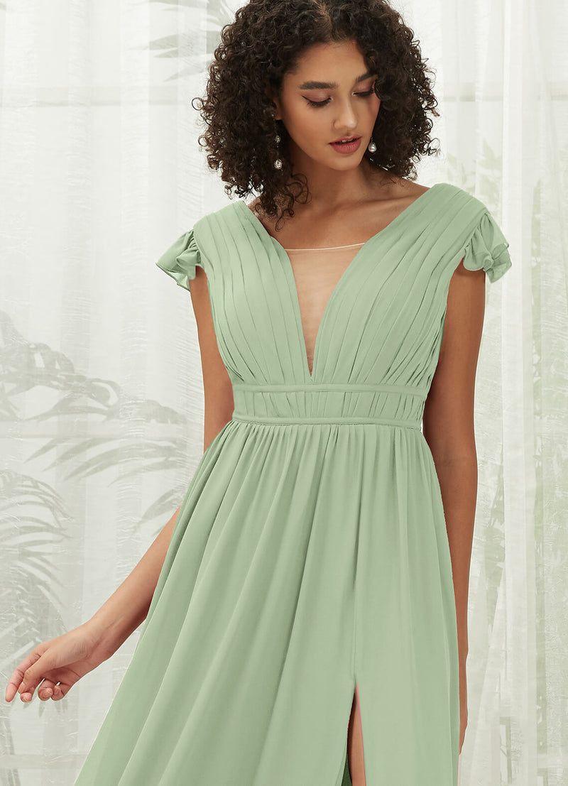Sage Green Cap Sleeves Pleated V-Neck Chiffon Maxi Bridesmaid Dress NZ Bridal Sage Green Cap Sleeves Pleated V-Neck Chiffon Maxi Bridesmaid Dress NZ Bridal