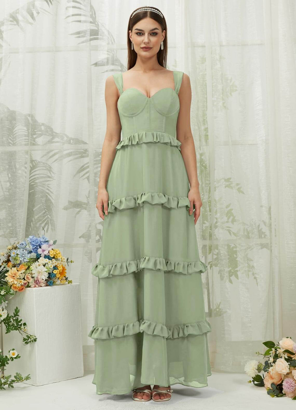 NZ Bridal Sage Green Sweetheart Chiffon Maxi Bridesmaid Dress With Pocket R3701 Sloane a