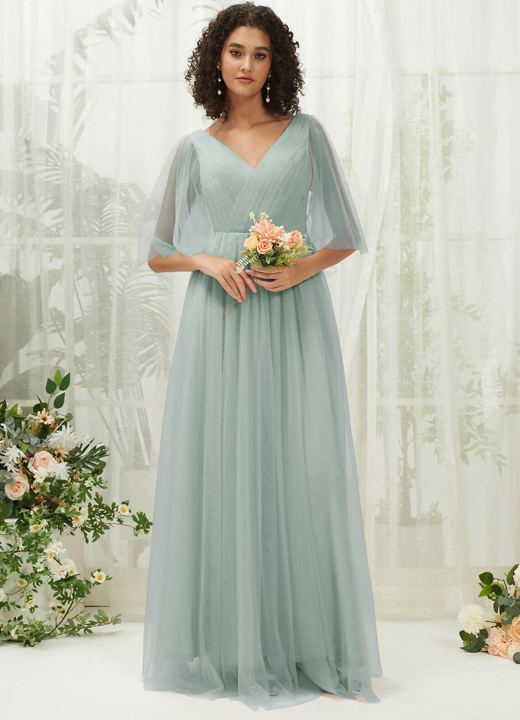 NZ Bridal Sage Green Tulle Maxi Backless bridesmaid dresses With Pocket R1026 Thea a