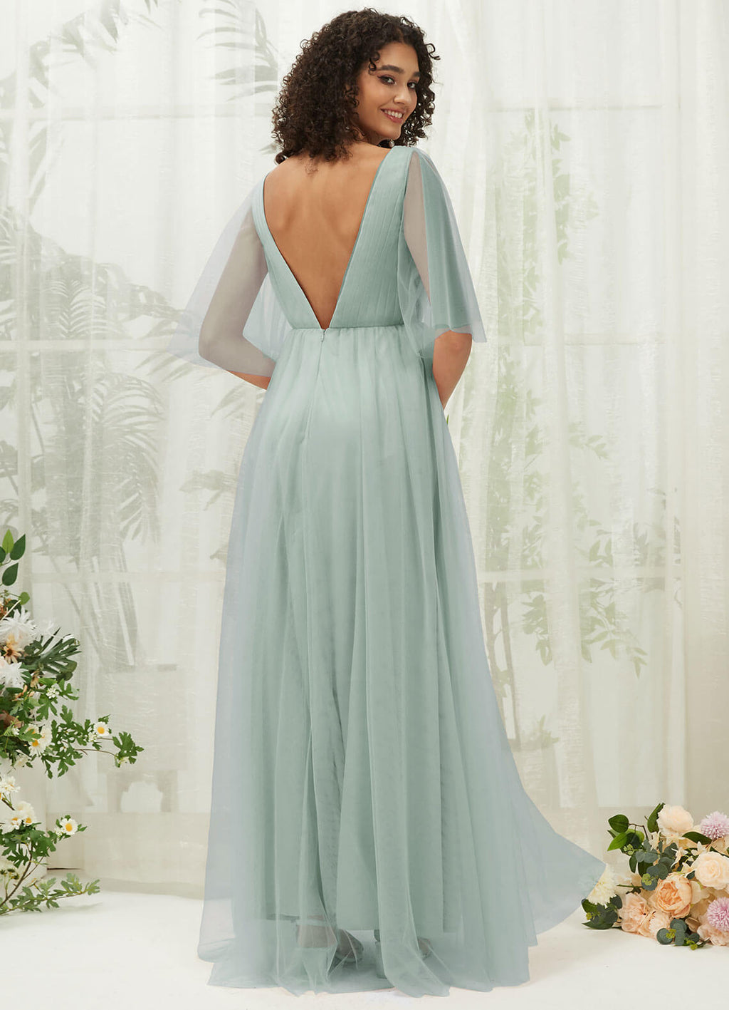 NZ Bridal Sage Green Tulle Maxi Backless bridesmaid dresses With Pocket R1026 Thea a
