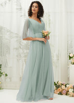 NZ Bridal Sage Green Tulle Maxi Backless bridesmaid dresses With Pocket R1026 Thea d