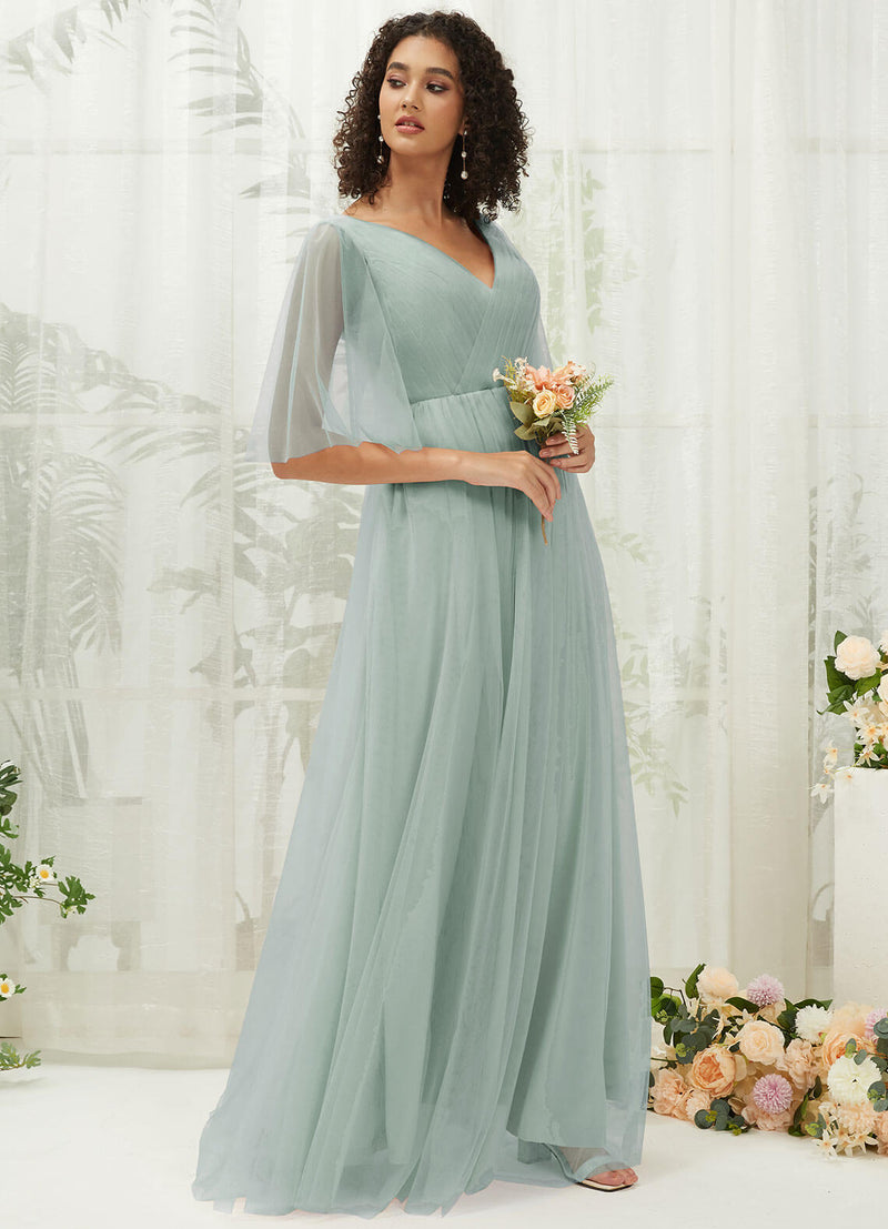 Sage Green Ruffle Sleeves Tulle Maxi Bridesmaid Dresses With Pocket NZ Bridal Sage Green Ruffle Sleeves Tulle Maxi Bridesmaid Dresses With Pocket NZ Bridal