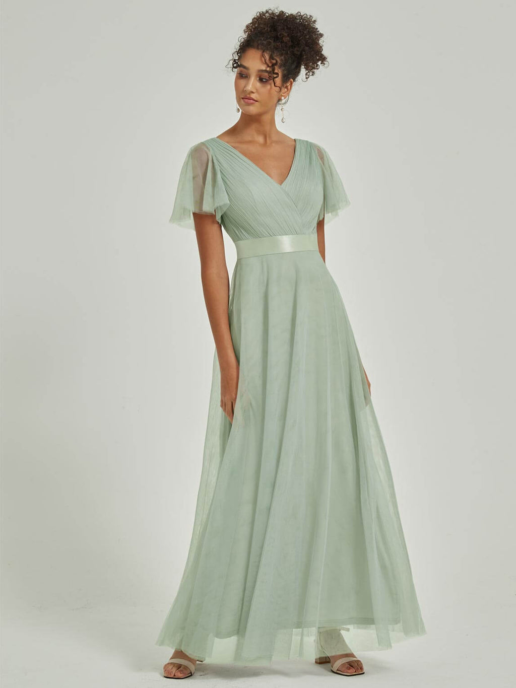 NZ Bridal Sage Green V Neck Empire Flowy Tulle Maxi bridesmaid dresses 07962ep Lucy a
