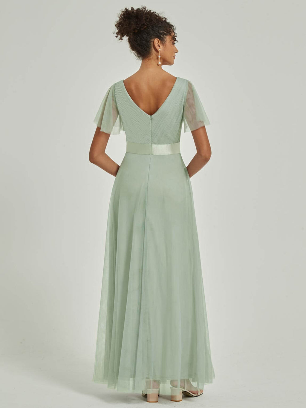 NZ Bridal Sage Green V Neck Empire Flowy Tulle Maxi bridesmaid dresses 07962ep Lucy a