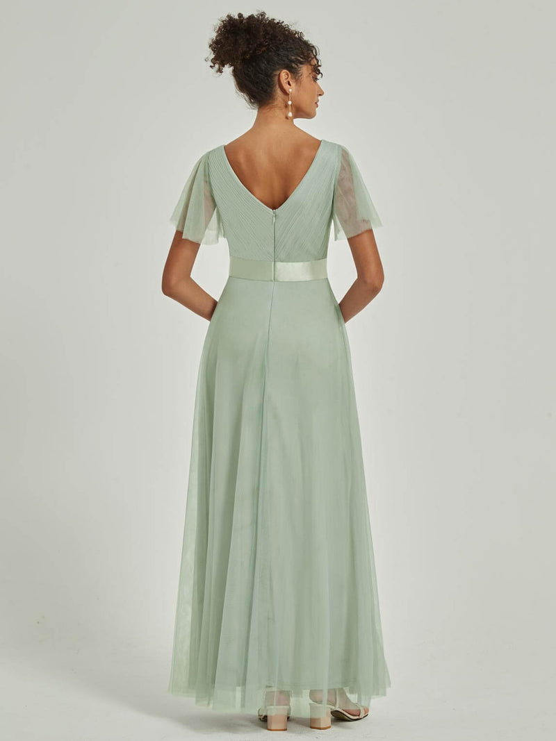 NZ Bridal Sage Green V Neck Empire Flowy Tulle Maxi bridesmaid dresses 07962ep Lucy b