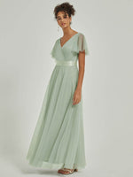 NZ Bridal Sage Green V Neck Empire Flowy Tulle Maxi bridesmaid dresses 07962ep Lucy c