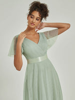 NZ Bridal Sage Green V Neck Empire Flowy Tulle Maxi bridesmaid dresses 07962ep Lucy detail1